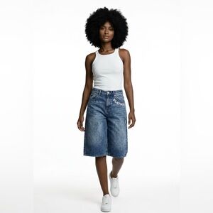 PLAYBOY Blue Denim Knee-Length Bermuda Jorts side snaps
